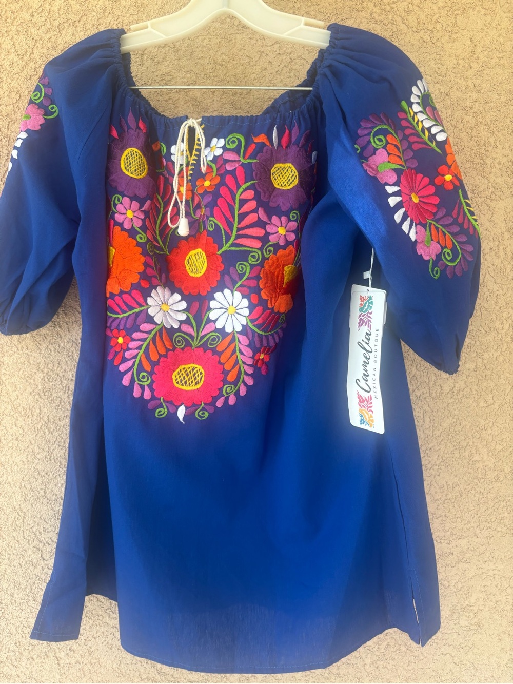 Hand-Embroidered Peasant Tunic in Royal Blue by